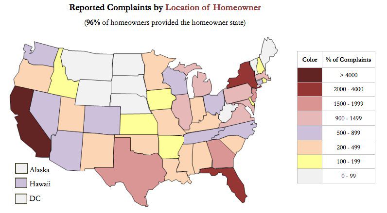 Map of Unites States of America showing number of Reported complaints by Location of Homeowner